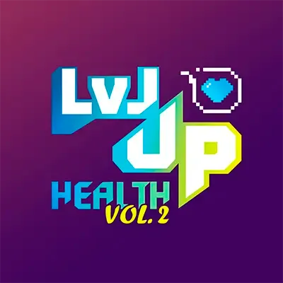 The text ‘LVL UP HEALTH Vol. 2’ in pixel font on a purple background