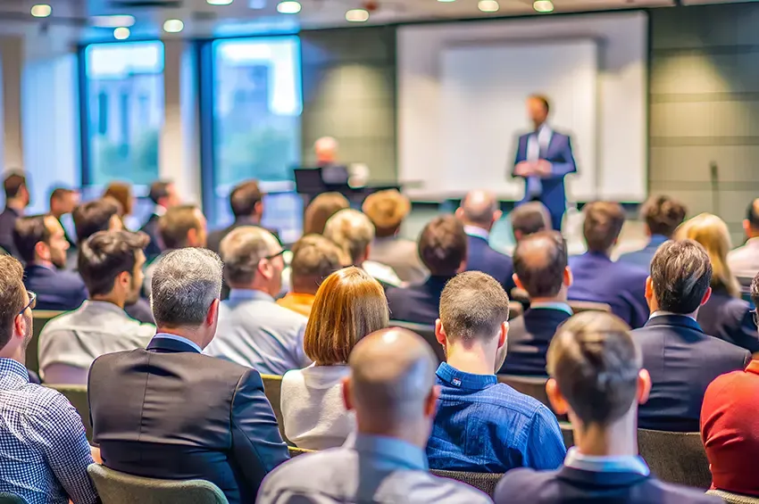 An audience in a conference hall, listening to a speaker at the podium