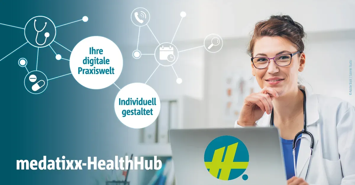 Doctor with stethoscope at a laptop, next to networked icons and the medatixx-HealthHub logo