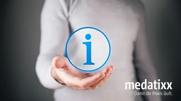 Person in a grey jumper holding a glowing blue info icon in an open hand, with the medatixx logo in the bottom right